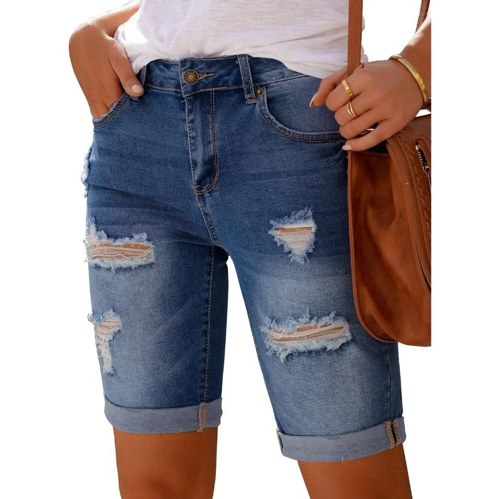 Women High Waisted Ripped Bermuda Shorts Denim 10 Inch Casual Fit